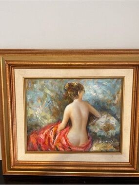 Framed Figurative Oil Painting with Red Drapery